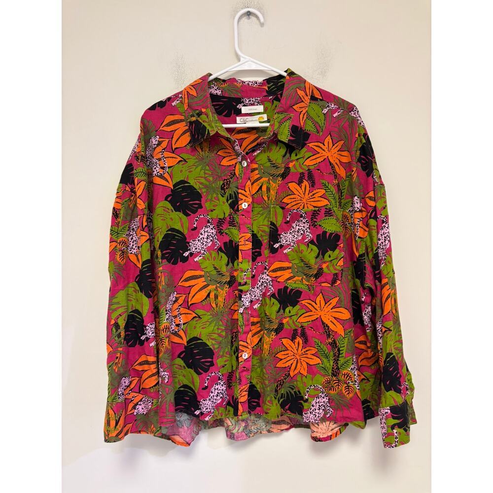 C&C California 1X Linen Blouse Bright Tropical Leopard Jungle Print Button Down